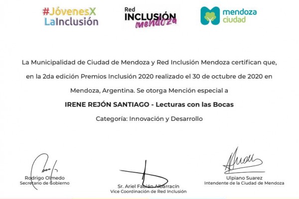 Mención Innovación y Desarrollo. a Lectura con las bocas. Ciudad de Mendoza. 